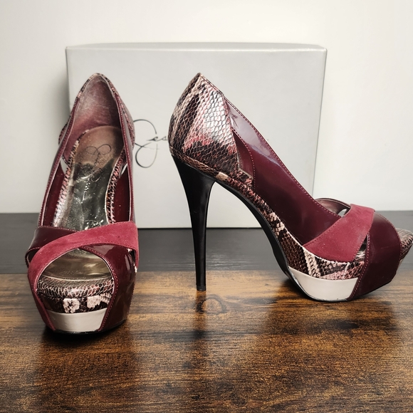 Jessica Simpson Burgundy and Snake Print Heels - Picture 2 of 5